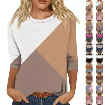 Женская мода Свободный повседневный топ с круглым вырезом и принтом с семью раздельными рукавами L коричневый