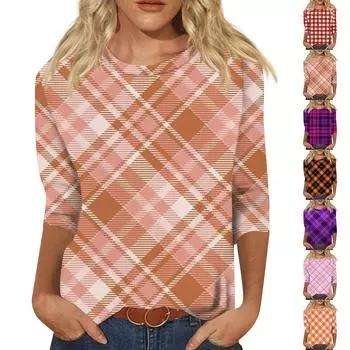 Женская мода Свободный повседневный топ с круглым вырезом и принтом с семью раздельными рукавами XL