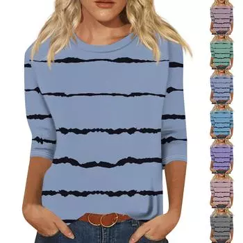 Женская мода Свободный повседневный топ с круглым вырезом и принтом с семью раздельными рукавами L