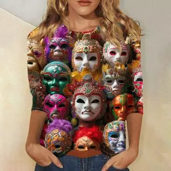 Женская мода свободный повседневный топ с семью рукавами и круглым вырезом с карнавальным принтом L чёрный