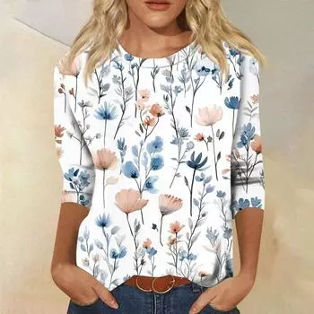 Женская мода свободный повседневный топ с семью рукавами и круглым вырезом L бежевый