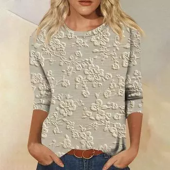 Женская мода свободный повседневный топ с семью рукавами и круглым вырезом L бежевый