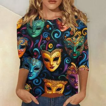 Женская мода свободный повседневный топ с семью рукавами и круглым вырезом с карнавальным принтом L темно-зеленого