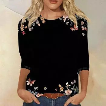 Женская мода свободный повседневный топ с семью рукавами и круглым вырезом L чёрный