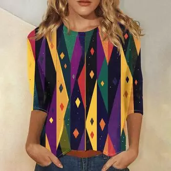 Женская мода свободный повседневный топ с семью рукавами и круглым вырезом с карнавальным принтом L чёрный