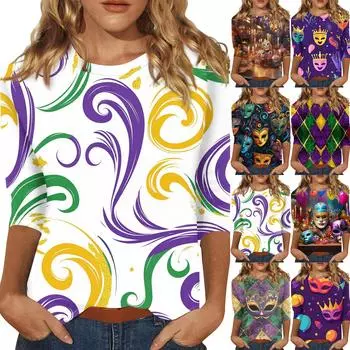 Женская мода свободный повседневный топ с семью рукавами и круглым вырезом с карнавальным принтом XXXL