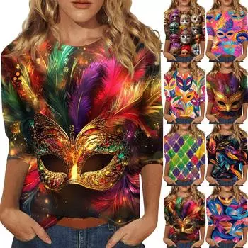 Женская мода свободный повседневный топ с семью рукавами и круглым вырезом с карнавальным принтом S