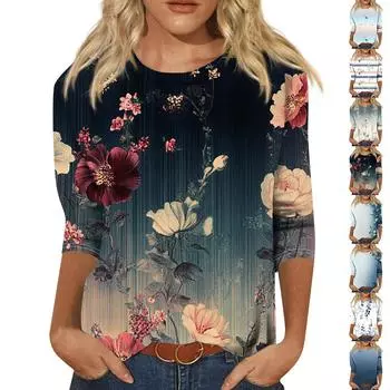 Женская мода свободный повседневный топ с семью рукавами и круглым вырезом L бежевый