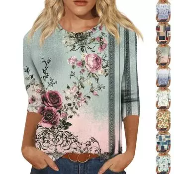 Женская мода свободный повседневный топ с семью рукавами и круглым вырезом L бежевый