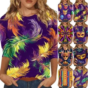 Женская мода свободный повседневный топ с семью рукавами и круглым вырезом с карнавальным принтом L темно-фиолетового