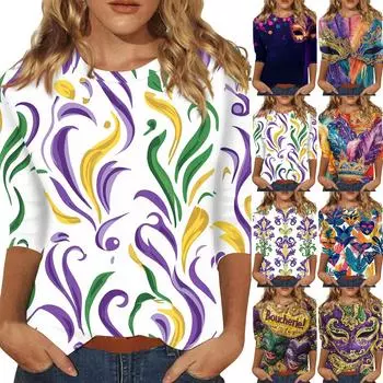 Женская мода свободный повседневный топ с семью рукавами и круглым вырезом с карнавальным принтом L армия зеленый