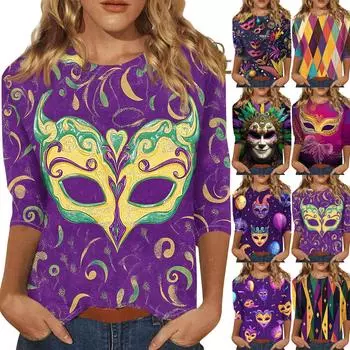 Женская мода свободный повседневный топ с семью рукавами и круглым вырезом с карнавальным принтом XL