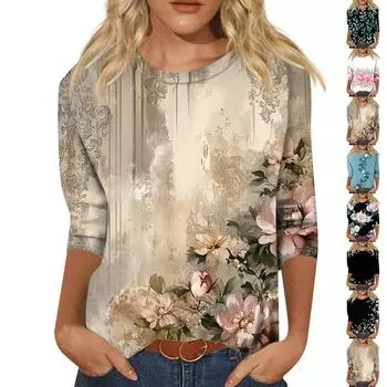 Женская мода свободный повседневный топ с семью рукавами и круглым вырезом L чёрный