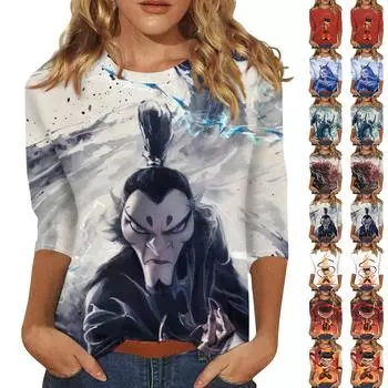 Женская мода свободный повседневный топ с семью рукавами и круглым вырезом L чёрный