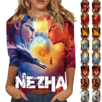 Женская мода свободный повседневный топ с семью рукавами и круглым вырезом L чёрный