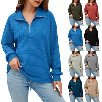 Женская мода, свободный пуловер с длинным рукавом и застежкой-молнией на шнуровке, повседневная толстовка L армия зеленый