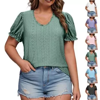 Женская мода, свободный размер, однотонная женская футболка с v-образным вырезом и полыми рукавами-пузырьками, топ XXL армия зеленый
