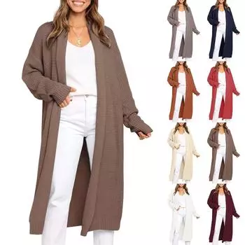 Женская мода свободный свитер-кардиган крупной вязки с карманами повседневная куртка L бежевый