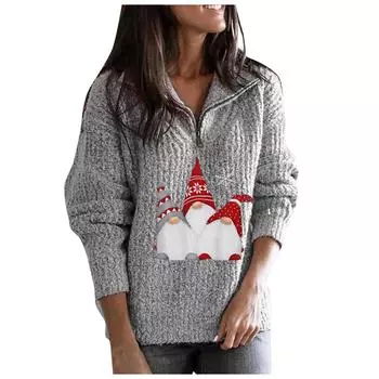 Женская мода свободный теплый праздничный рождественский принт на молнии с длинным рукавом вязаный свитер женский свитер M