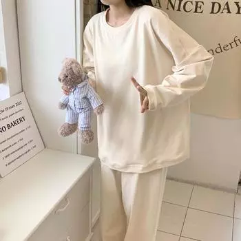 Женская мода свободный топ с круглым вырезом, прямые брюки, пижамный костюм, однотонные брюки с длинными рукавами Home Service One size серый