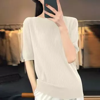 Женская мода свободный трикотажный свитер нижняя часть рубашки круглый вырез пуловер короткий рукав однотонный топ L бежевый