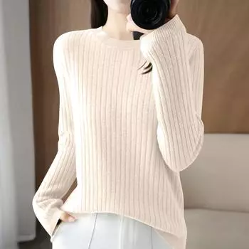 Женская мода свободный трикотажный свитер нижняя часть рубашки круглый вырез пуловер длинный рукав однотонный топ L бежевый