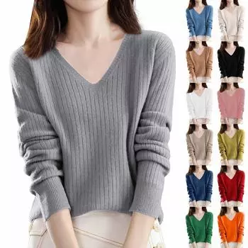 Женская мода свободный трикотажный свитер нижняя часть рубашки V-образный вырез пуловер длинный рукав однотонный топ S