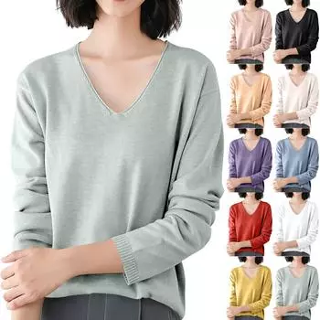 Женская мода свободный трикотажный свитер нижняя часть рубашки V-образный вырез пуловер длинный рукав однотонный топ L бежевый
