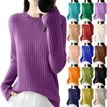 Женская мода свободный трикотажный свитер нижняя часть рубашки круглый вырез пуловер длинный рукав однотонный топ L бежевый