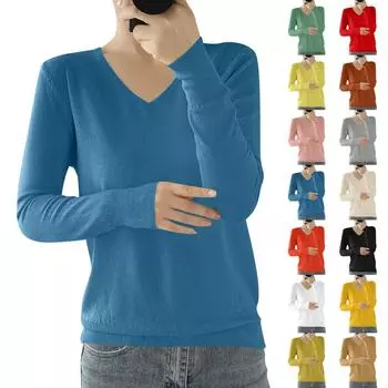 Женская мода свободный трикотажный свитер нижняя часть рубашки V-образный вырез пуловер длинный рукав однотонный топ XL