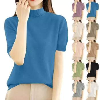 Женская мода свободный трикотажный свитер нижняя часть рубашки полувысокий ворот пуловер короткий рукав однотонный топ L бежевый