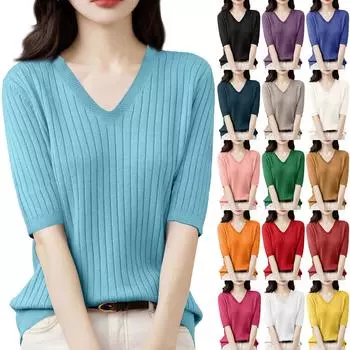 Женская мода свободный трикотажный свитер нижняя часть рубашки V-образный вырез пуловер короткий рукав однотонный топ L бежевый