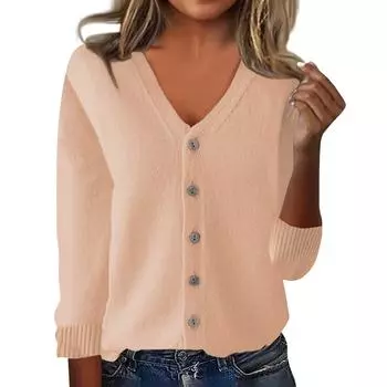 Женская мода свободный трикотажный топ с длинным рукавом повседневный однотонный кардиган куртка L бежевый