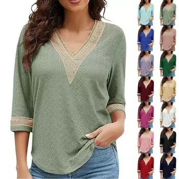 Женская мода свободный V-образный вырез кружева повседневный однотонный рубашка ажурный топ с семью рукавами L чёрный