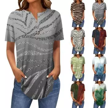 Женская мода Свободный воротник на пуговицах с коротким рукавом и принтом Футболка Топы Пуловер