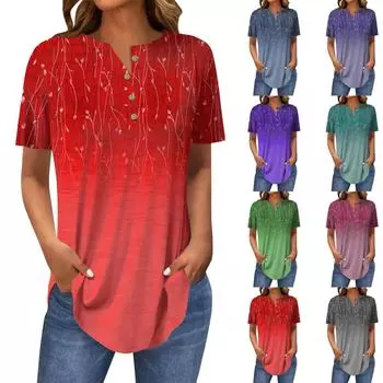 Женская мода Свободный воротник на пуговицах с коротким рукавом и принтом Футболка Топы Пуловер