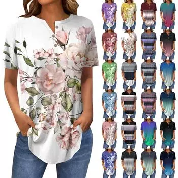 Женская мода Свободный воротник на пуговицах с коротким рукавом и принтом Футболка Топы Пуловер