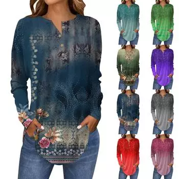 Женская мода свободный воротник на пуговицах с принтом длинный рукав футболка топы пуловер L армия зеленый