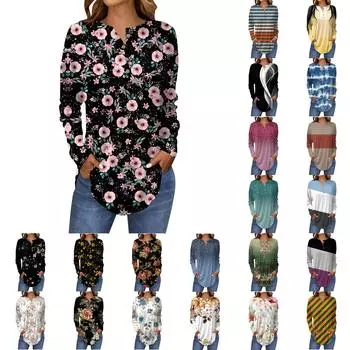 Женская мода свободный воротник на пуговицах с принтом длинный рукав футболка топы пуловер L армия зеленый