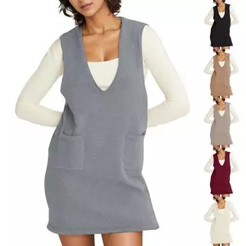 Женская мода свободный жилет повседневный карман свитер однотонные платья сзади L бежевый