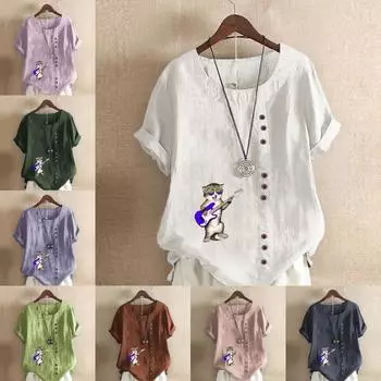 Женская мода Talking About His Cat Принтованная футболка с коротким рукавом Свободная хлопковая рубашка Повседневная свободная летняя блузка Топы больших размеров S розовый