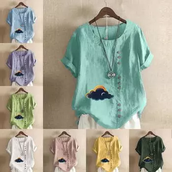 Женская мода Темные облака Принтованный круглый вырез короткий рукав футболка повседневная хлопок лен графическая рубашка досуг свободные летние блузки топы S розовый