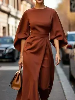 Женская мода темперамент элегантное однотонное платье с завышенной талией повседневное с рукавами летучая мышь длинная юбка S коричневый