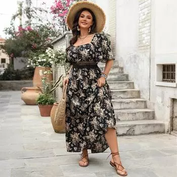 Женская мода Темперамент Элегантные повседневные платья с завышенной талией XXL чёрный