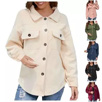 Женская мода темперамент однотонное плюшевое повседневное пальто с длинным рукавом и карманом на пуговицах L чёрный