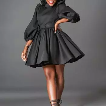 Женская мода темперамент рукав-пузырь талия темперамент талия платье S чёрный