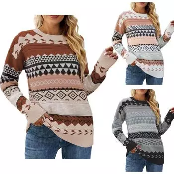 Женская мода темпераментный винтажный лоскутный трикотаж модный свитер большого размера с круглым вырезом XL розовый