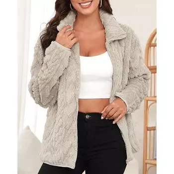 Женская мода, теплые плюшевые пальто, осень-зима, на молнии, однотонная пушистая флисовая куртка, повседневная, воротник-стойка, плотная верхняя одежда S серый