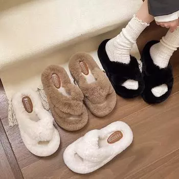 Женская мода теплые пушистые тапочки уютные искусственный мех CrossStrap Slides плоские мягкие пушистые белые женские шлепанцы женская обувь для дома 35 чёрный