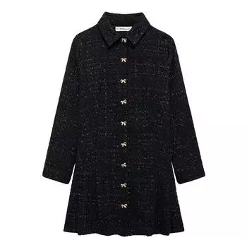 Женская мода текстура черное однобортное мини-платье винтажный воротник с лацканами длинные рукава женский шик XS чёрный